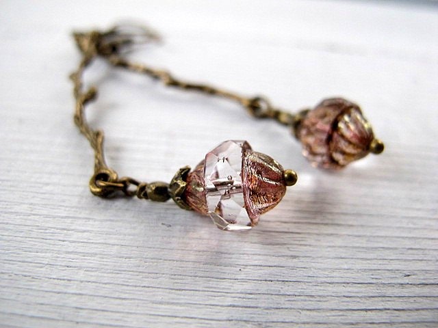 Spring Bud Branch Earrings: Long Antique Brass Dangle with Czech Glass Pink Turbine