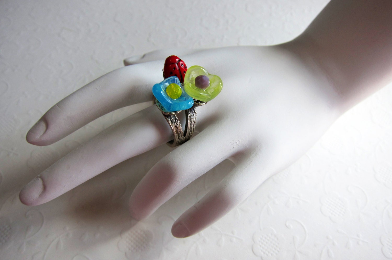 Spring in a Basket. Ladybug Flower Ring, Silver Trinket Ring, Colorful Spring Ring, Nature Inspired Ring, Botanical Ring
