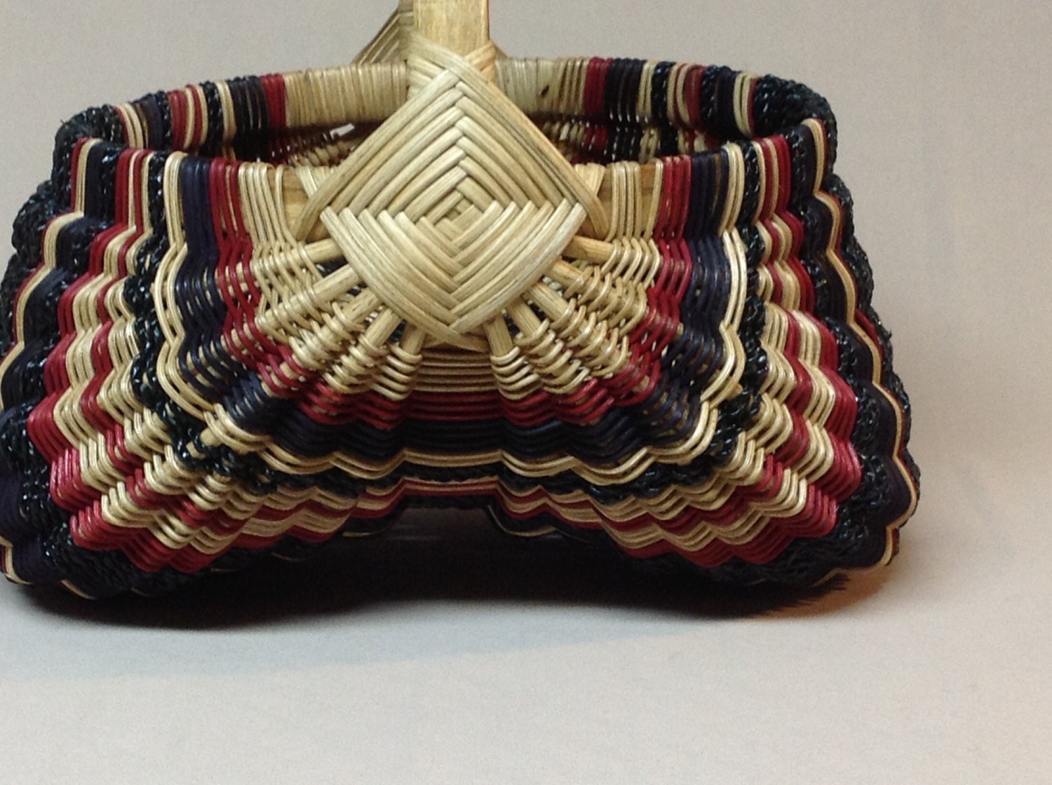Hand Woven Egg Basket with Wood Handle, Black, Red and Tan