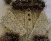 Baby Sweater, matching high leg booties, knitted hoodie, hooded jacket, baby coat, winter, button through sweater. MADE to order.