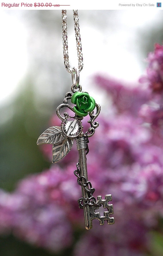 SALE - Green Winter Rose Key Necklace