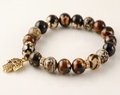 Stretch Bracelet, Gold Hamsa, Brown Agate Gemstone, Yoga Inspired Bracelet