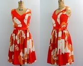 1960s dress / 1960s red dress / floral dress / party dress medium