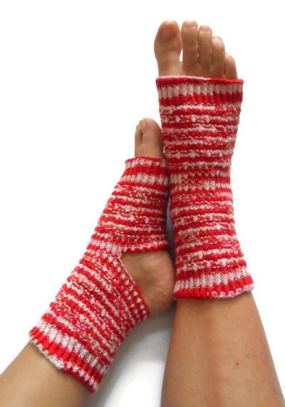 Yoga Socks Hand Knit in Red White and Pink Stripes Pedicure Pilates Dance