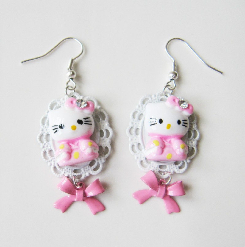 Pink Kitty earrings, jewelry, dangle earrings, drop earrings, cute earrings, girly earrings, children