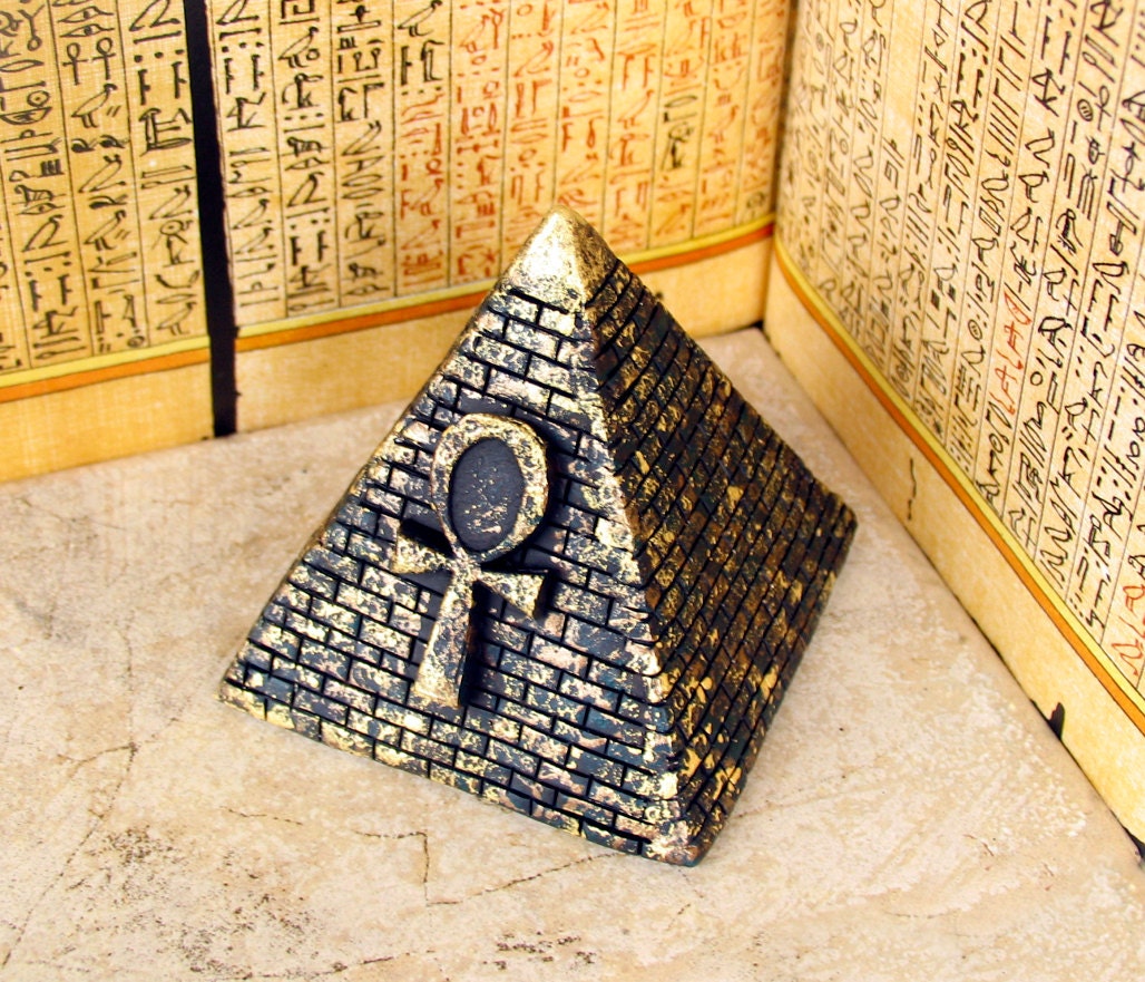 The Egyptian Pyramid with Ankh - Ben-ben Symbol of the Mountain of Creation - Ankh Symbol of Life -Kemetic Altar Votive Statue