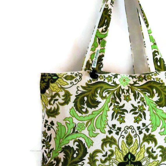 Vintage Fabric  Shopper / Tote Bag  70s Lime Green abstract floral