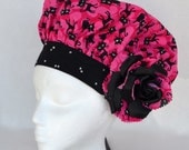 Chef Hat Or Surgical Cap - Black Cats - Glittered Hot Pink Print - Adustable