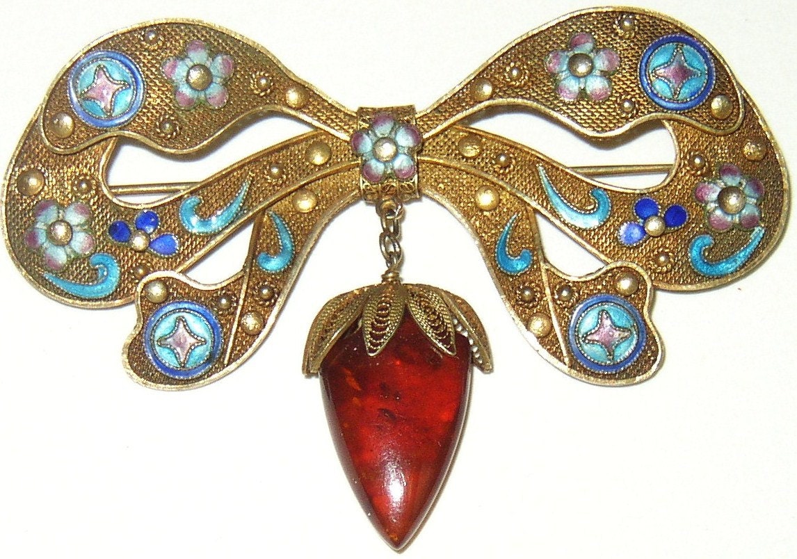 Vintage Sterling Chinese Export Enamel Carnelian Bow Brooch