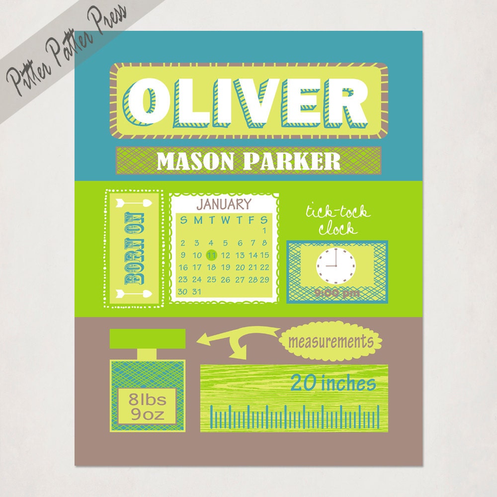Personalized Nursery Art // Birth Announcement Poster // Baby Boy's Teal Green Brown Gift // Modern Birth Print // Children's Name // 8x10
