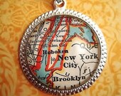 Vintage New York City Brooklyn Hoboken NJ Map Glass Pendant Necklace
