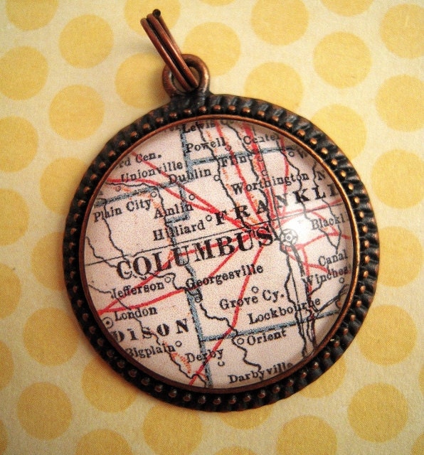 Vintage Columbus Ohio Map Pendant Glass Tile & Brass Wearable Art