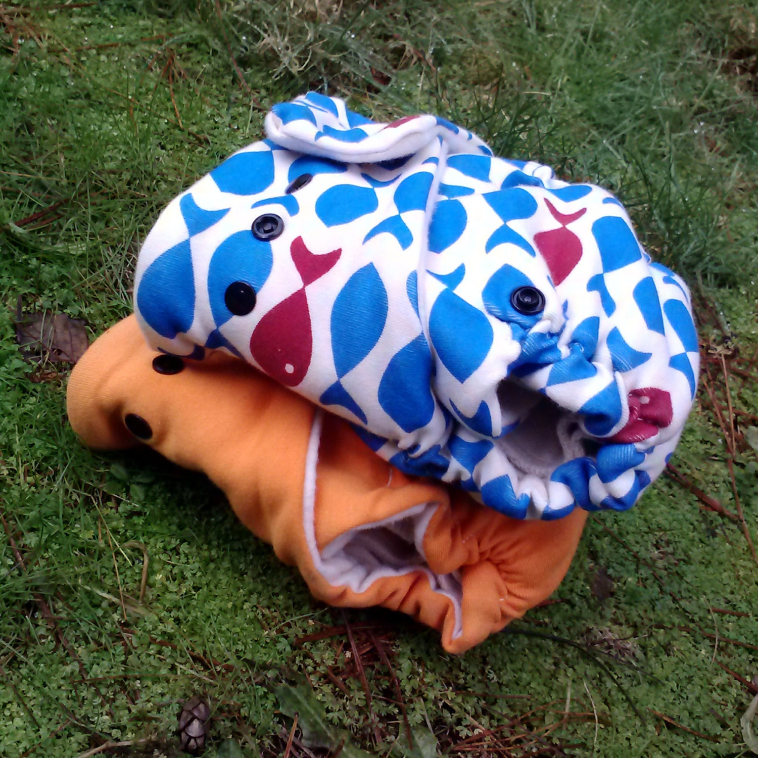 one size set of 2 organic cotton fitted diapers orange and fish print