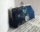 Teal silk evening bag with floral lace. Silk clutch purse