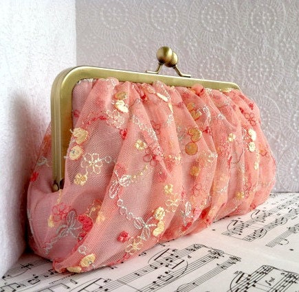 Coral gathered lace clutch. Pink clutch purse