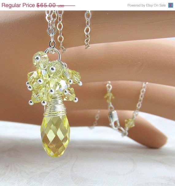 15% OFF Yellow Jonquil Cluster Crystal Wire Wrapped Silver Pendant Necklace