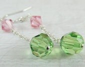 15% OFF Rose Pink Peridot Green Crystal Drop Silver Earrings