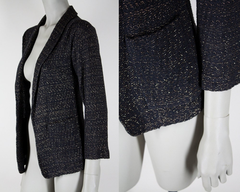 Vintage 1970s Cardigan : 70s  Light Metallic Black Pocket Sweater XS S