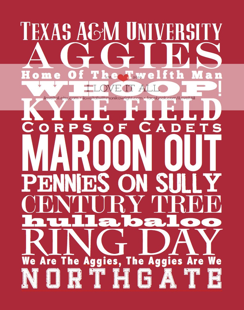 8x10 Texas A&M Aggies University Subway Art Print Poster . Gifts for Student // Maroon College Team Spirit // Graduation Gifts Under 50