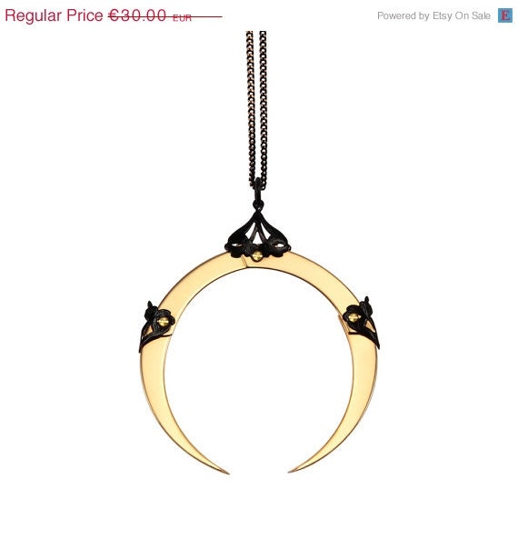 Spring Sale - 10 % OFF - Gold Plated Full Moon Circle - Vampire Goth Pendant - Free Shipping - Antiqued Black Filigrees and Industrial Bras