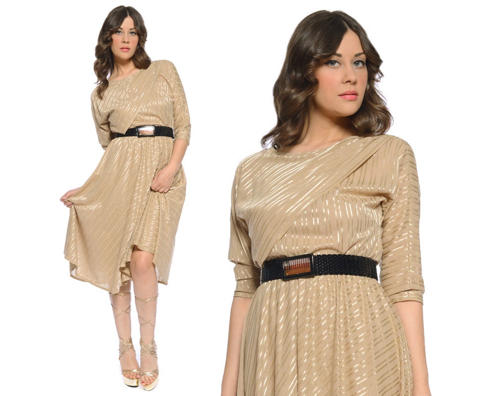 70s Disco Dress Beige Gold Stripes Wrap Midi Circle Skirt Sheer Drape Neutral 1970s Party Dress / Size M Medium