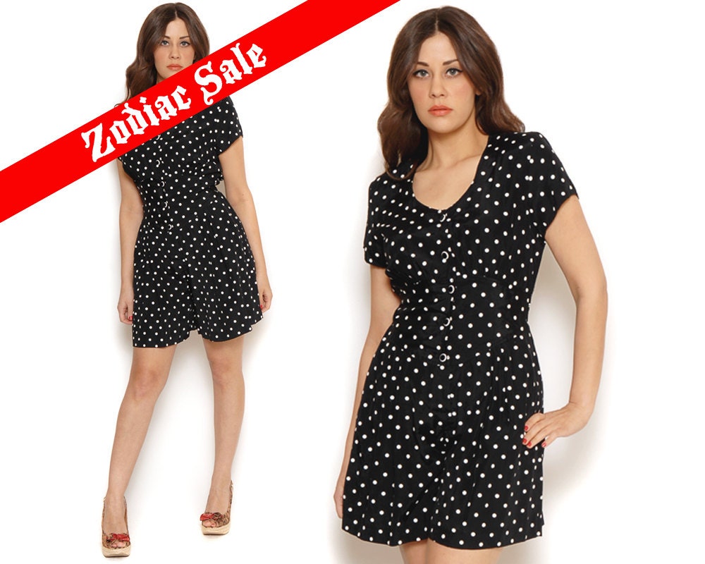 80s Romper Black and White Polka Dot Onesie Shorts High Waist Shorts Lolita Button Up Playsuit / Size S M Small Medium