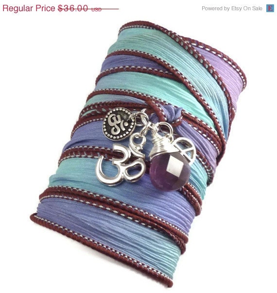 BIRTHDAY SALE Hand Dyed Silk Wrap Bracelet with Silver Om Charms, Peace Sign and Amethyst, yoga jewelry, wrapped wrapping bracelet, wrap ar