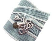 BIRTHDAY SALE Silk Wrap Bracelet with Buddha, Om, and Peace Sign,yoga jewelry silk ribbon bracelet, wrap bracelet, yoga bracelet, silk ribb