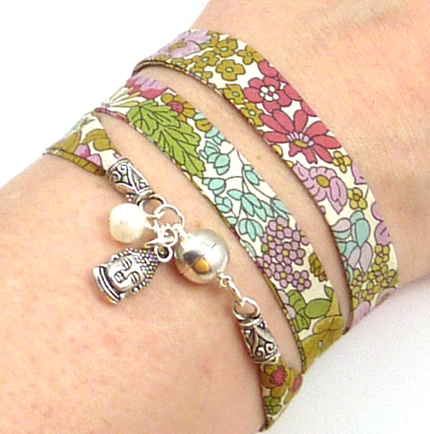 Buddha Wrap Bracelet, Liberty of London Fabric, yoga jewelry, yoga bracelet