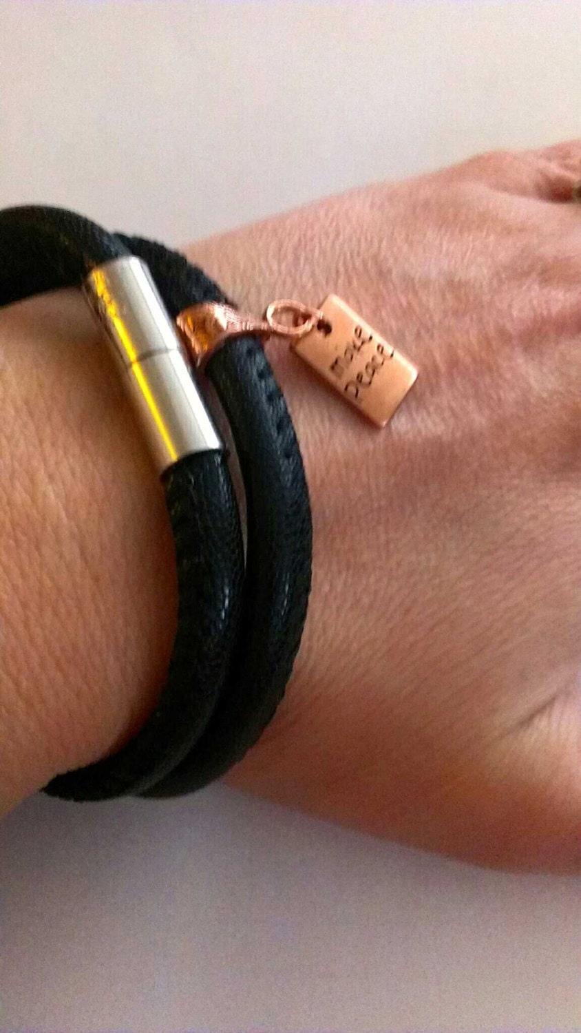 Black Nappa Leather Double Wrap Around Bracelet with Double Sided Copper Charm Make Peace