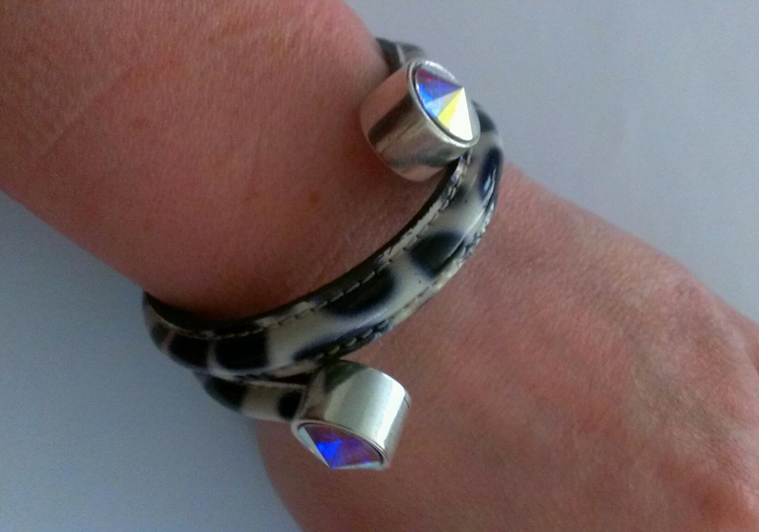 Patent Leather in White and Black Monochrome with AB Faceted Swarovski Crystals