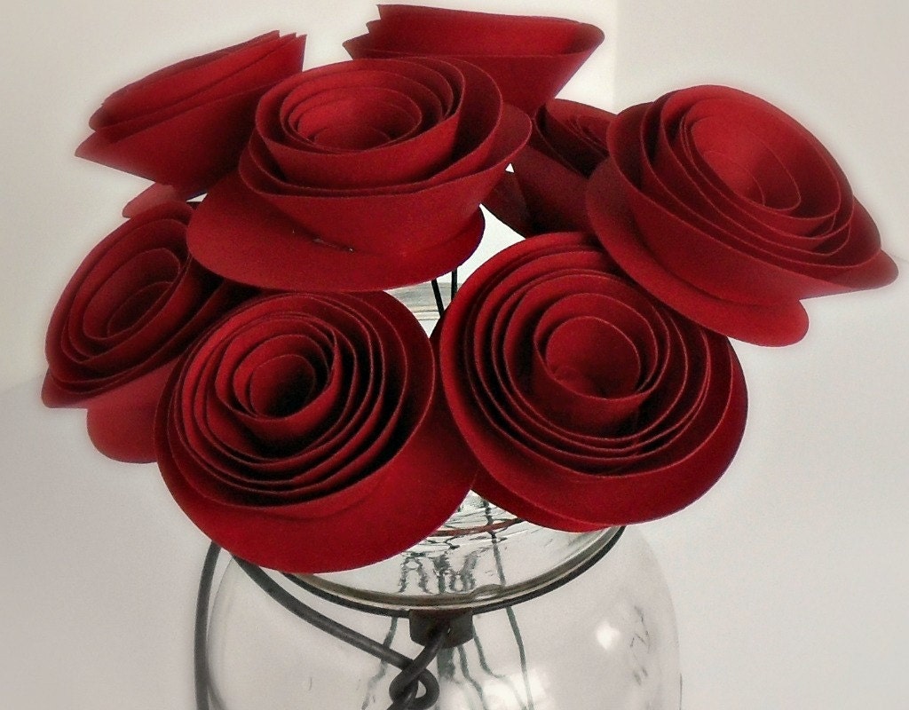 Paper Flower Bouquet, St. Valentine's Day, Ruby Red, Set of 8