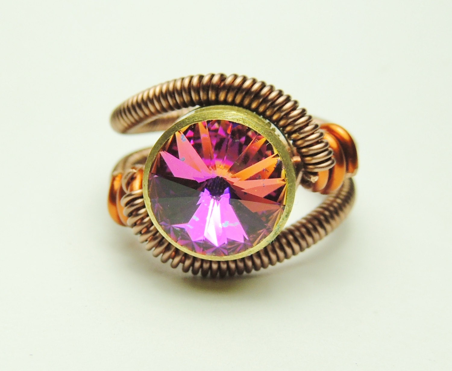 Bullet Casing wire ring - steampunk jewelry - cathedral pink litmus swarovski crystal - steampunk ring by Dereck Maltez