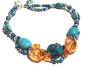 Chunky Turquoise Necklace with Peach Faceted Glass Crystals - by Texas Artist/Designer - Kelly E Marra - Womens Jewelry, Cowgirl Chic