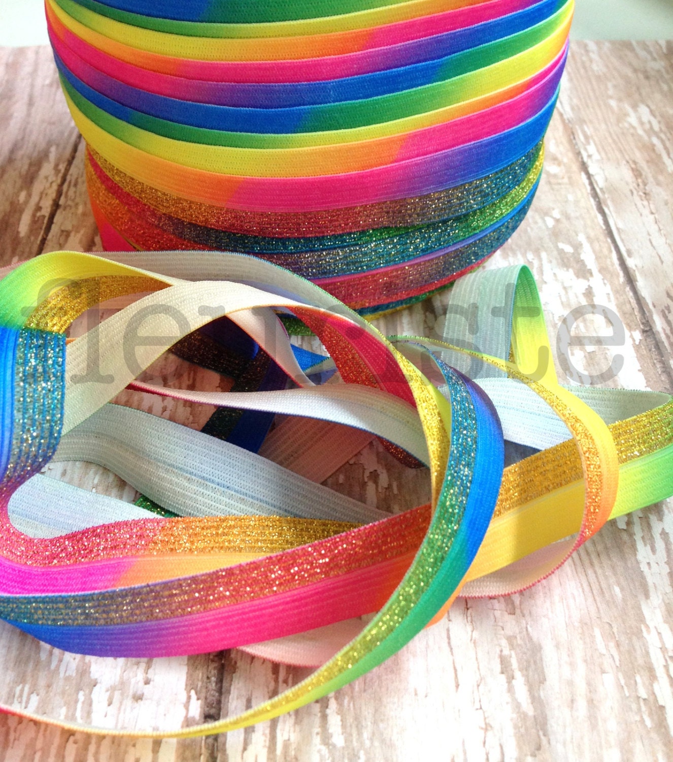 Patterned 5/8 Inch Foldover Elastic-5 Yards-Gold Glitter Rainbow