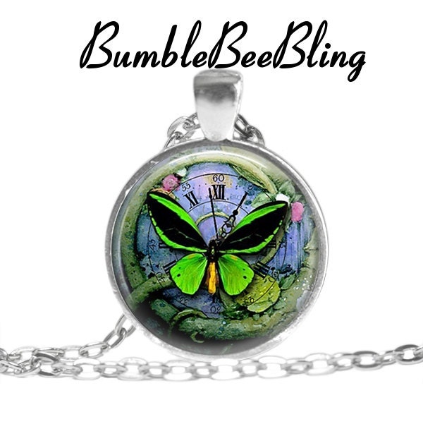 Steampunk Butterfly Art Pendant Necklace - Green Butterfly Necklace - Butterfly Jewelry - Butterfly Art Necklace