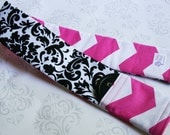 READY TO SHIP - Reversible Camera Strap Cover with Lens Cap Pocket - Black and White Damask with Hot Pink Chevron