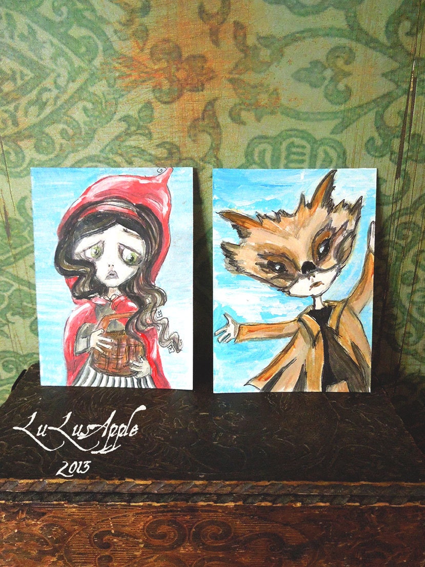 ACEO Original acrylic paintings Fairy Tale red Riding Hood and the Wolf Artist Cards Set of 2