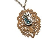 Steampunk Necklace Antiqued Brass Victorian Filigree Charm Finished with A GORGEOUS Jeweled Watch Movement -by Mechanique Steampunk