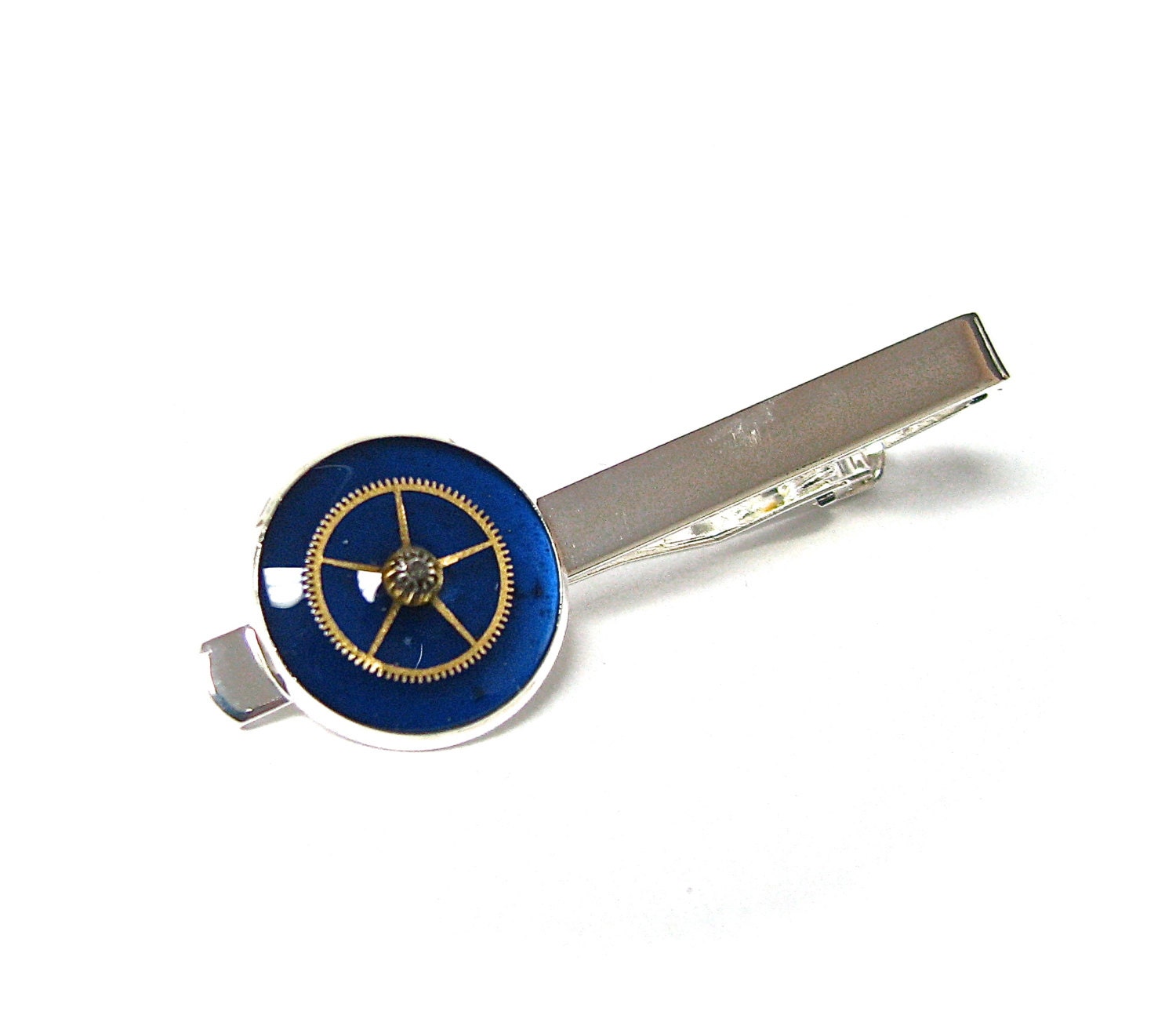 Steampunk Tie Clip Gear with Stunning Blue Inlay- by Mechanique