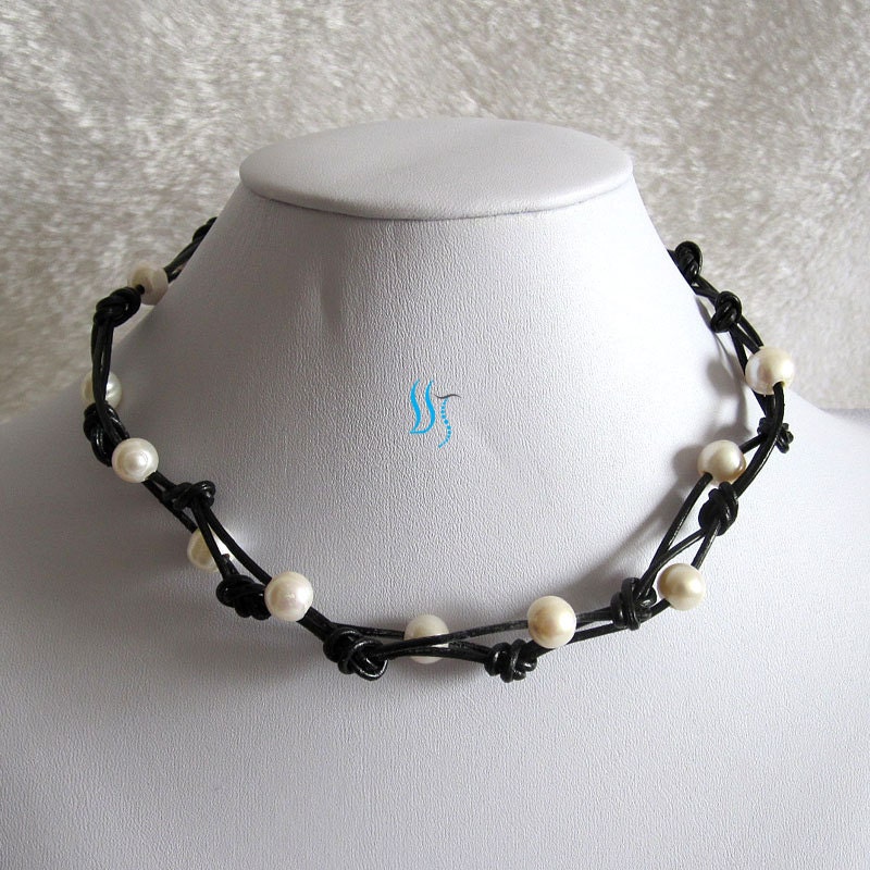 Pearl Necklace - 18 Inches 9-10mm White Freshwater Pearl and Black Leather Necklace