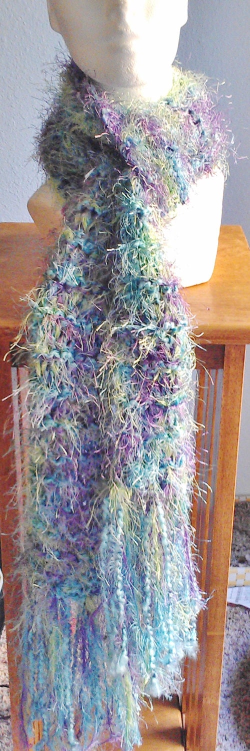 Hand Knit Aqua, lavender, green furry scarf