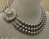 Pearl Necklace Set in Swarovski Pearls 3 strands of Platinum Lt Gray stunning focal Fancy Rhinestone Clasp -wedding jewelry