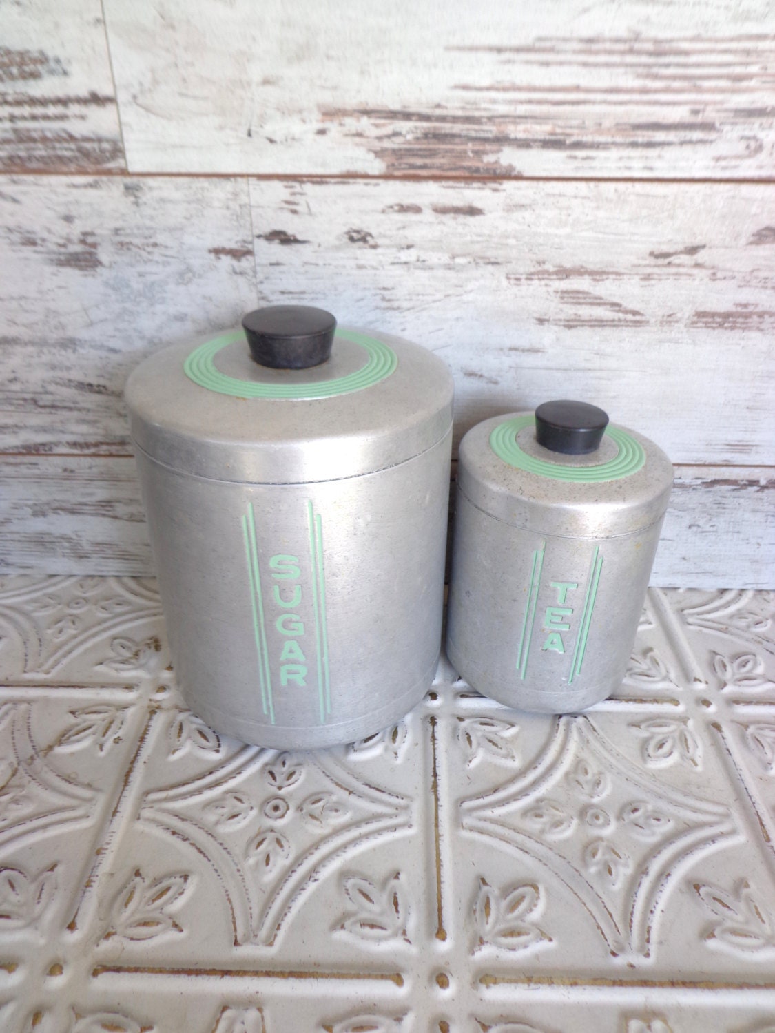Vintage Metal Sugar & Tea Canister Set Hand Painted Jadeite Green Jadite Aluminum with Black Knob Spun Art Deco