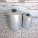 Vintage Metal Sugar & Tea Canister Set Hand Painted Jadeite Green Jadite Aluminum with Black Knob Spun Art Deco 7" and 5"