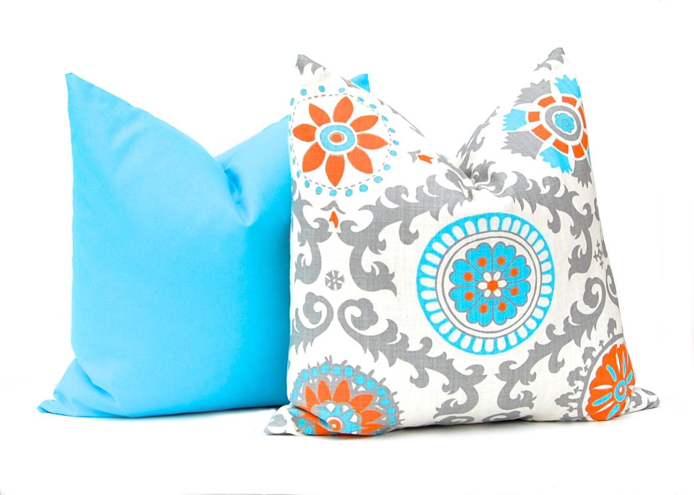 MEMORIAL DAY SALE Throw Pillow Covers 22 x 22 Decorative Pillows Turquoise, Orange and Gray on Natural Mandarin Rosa Mandarin Blue Cushion