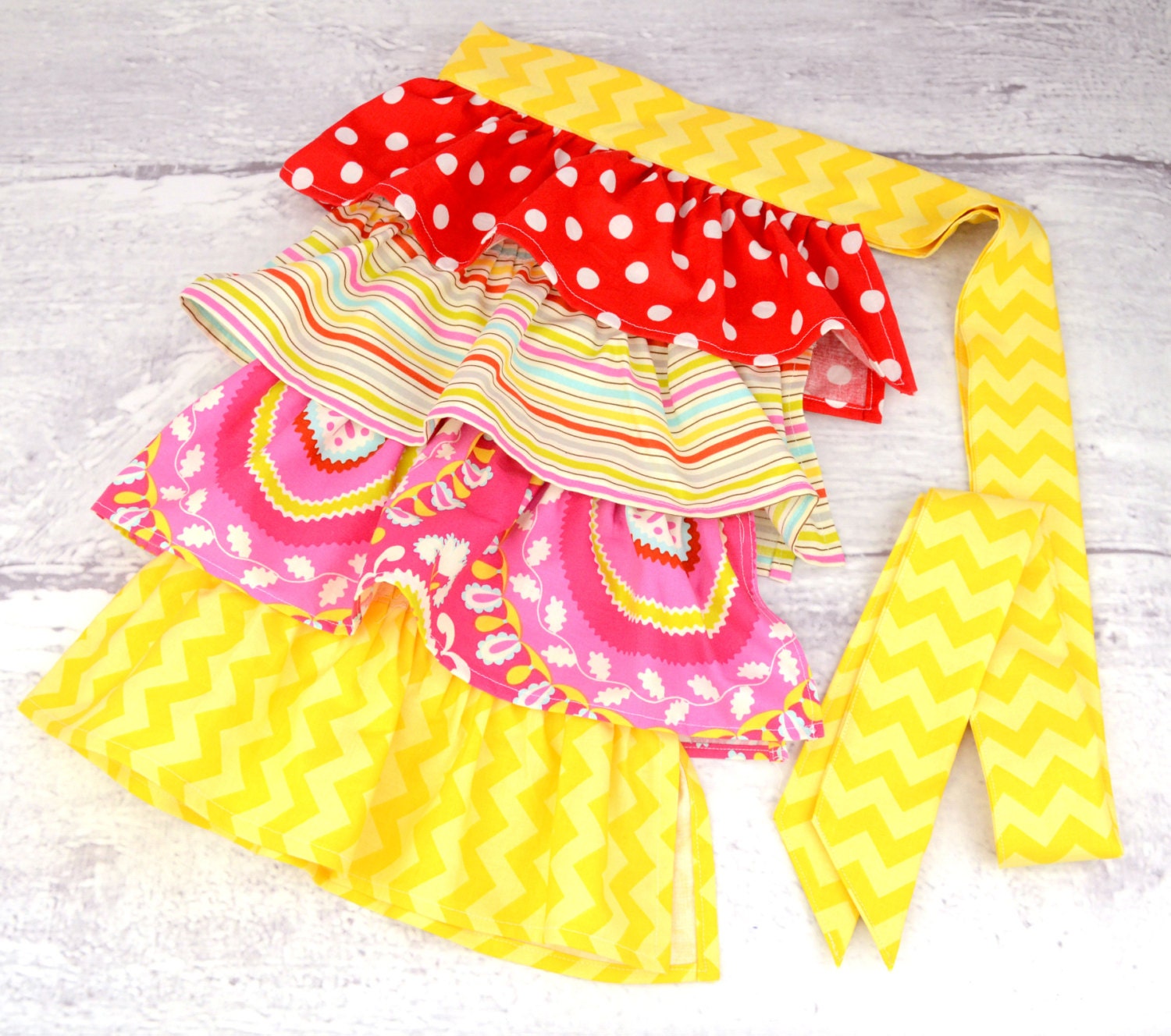 Womens 4 Tier Ruffled Half Apron in Kumari Garden and Yellow Chevron