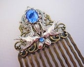 BLUE Jewel Brass  HAIR COMB Silver Swallows In The Sky