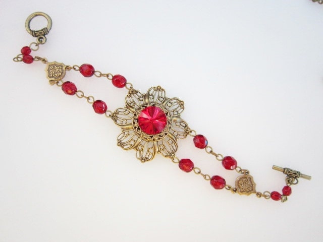 RED  BRACELET Siam Swarovski crystal Brass filigree