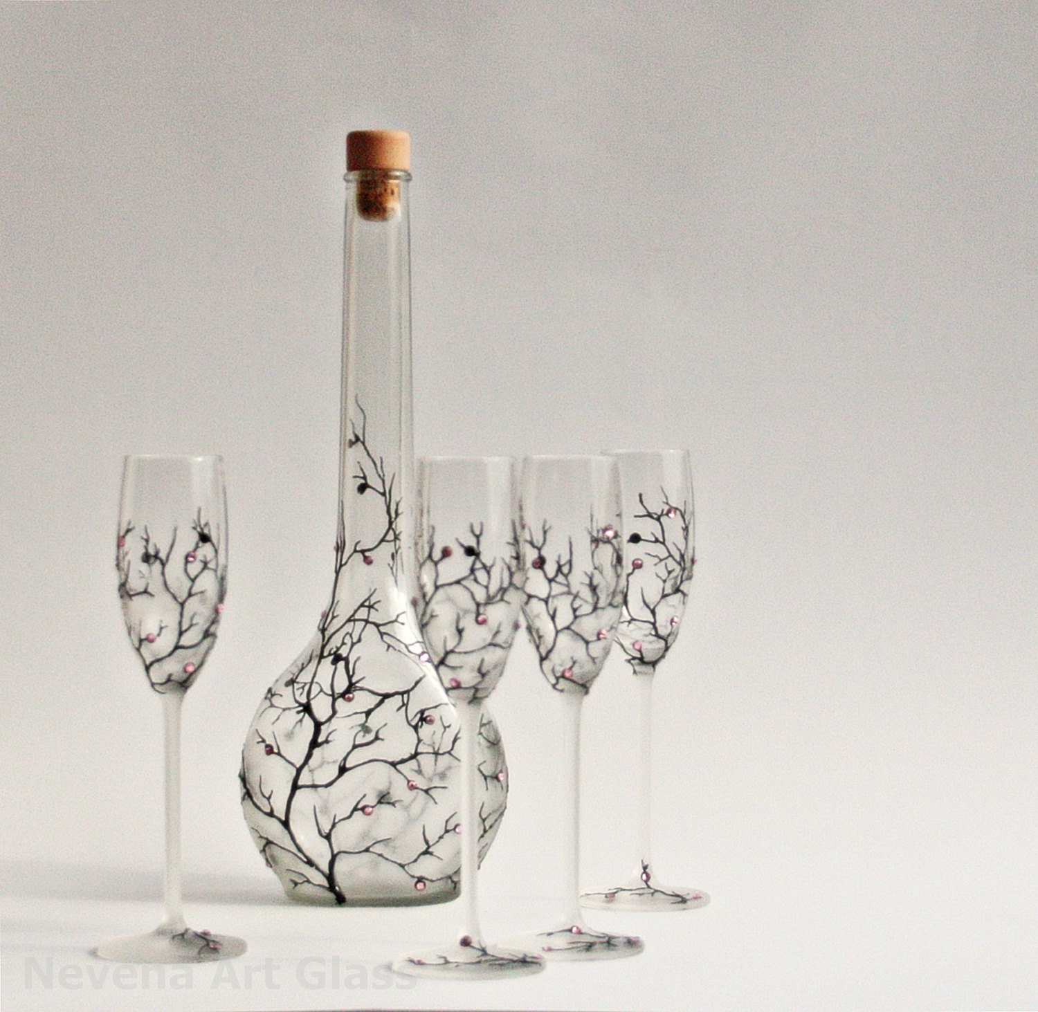 Set of 4 Aperitif Grappa Glasses and a Bottle - Hand Painted Sakura Cherry Blossom Design Rose Swarovski crystals